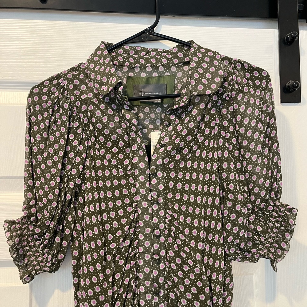 Anthropologie Olive and Pink Floral Blouse